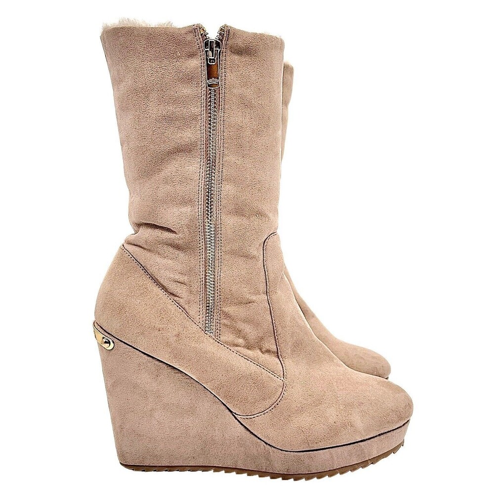 Juicy Couture Kasia Faux Suede Shearling Wedge Boots Taupe Women's 9.5
